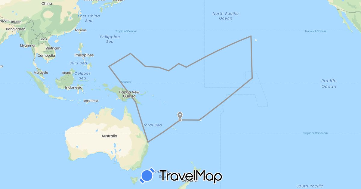 TravelMap itinerary: driving, plane in Australia, Fiji, Micronesia, Kiribati, Marshall Islands, Papua New Guinea, Palau, United States, Vanuatu (North America, Oceania)